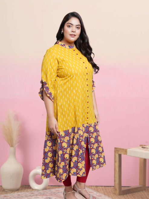 Cotton Ikat & Floral Printed Anarkali Kurta