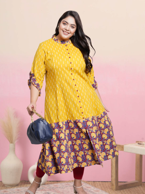 Cotton Ikat & Floral Printed Anarkali Kurta