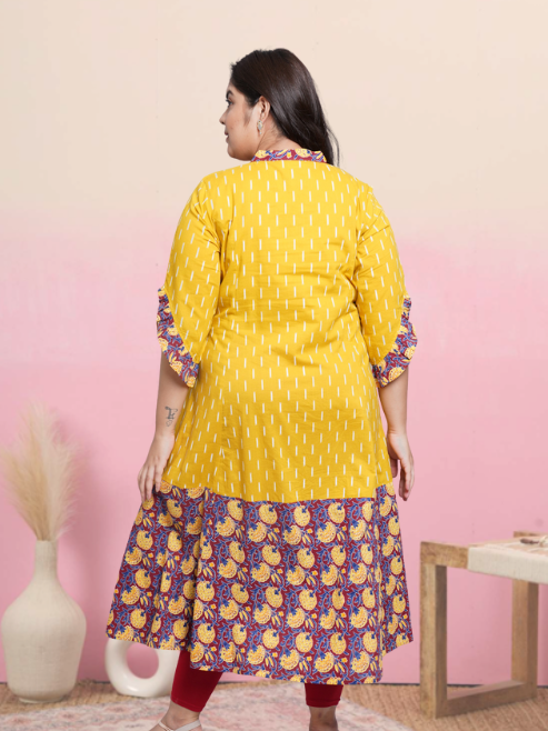 Cotton Ikat & Floral Printed Anarkali Kurta