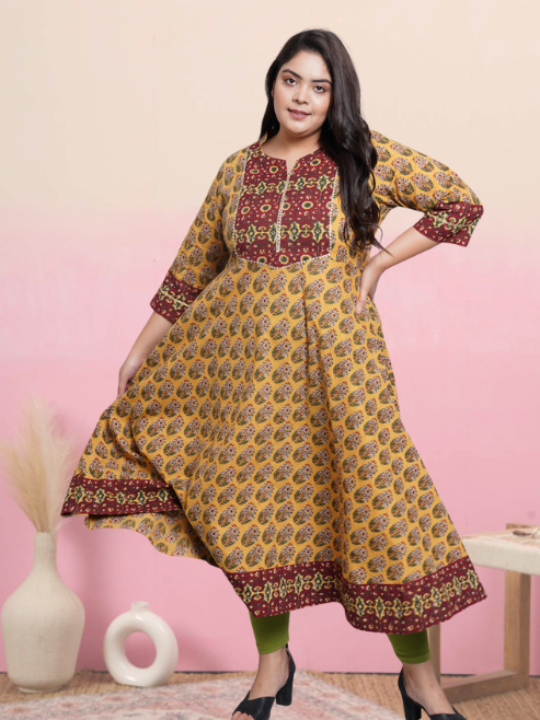 Cotton Floral Printed Anarkali Kurta (Mandarin Collar)