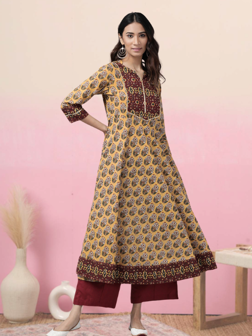 Cotton Floral Printed Anarkali Kurta (Mandarin Collar)