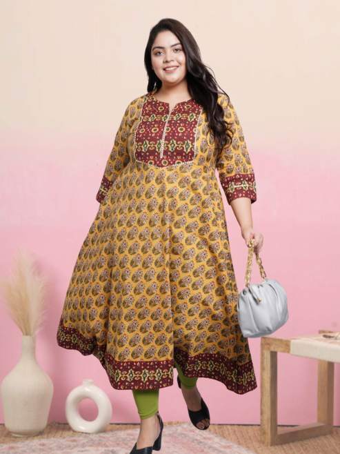 Cotton Floral Printed Anarkali Kurta (Mandarin Collar)