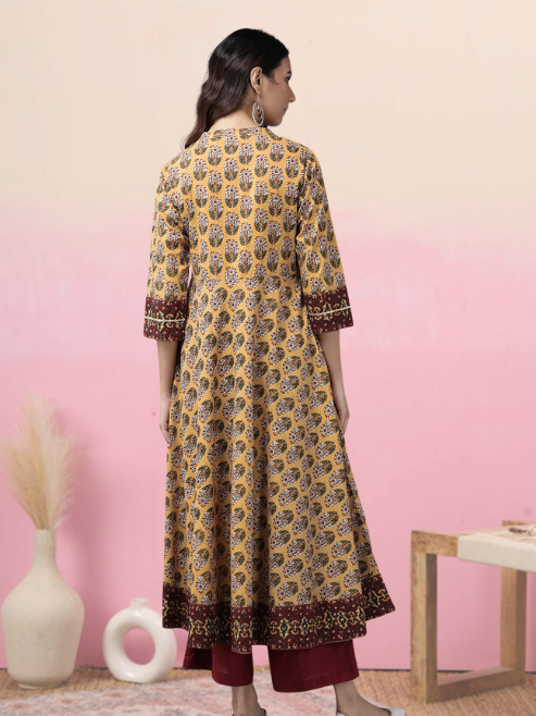 Cotton Floral Printed Anarkali Kurta (Mandarin Collar)