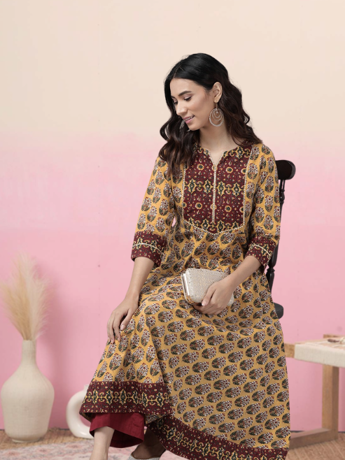 Cotton Floral Printed Anarkali Kurta (Mandarin Collar)