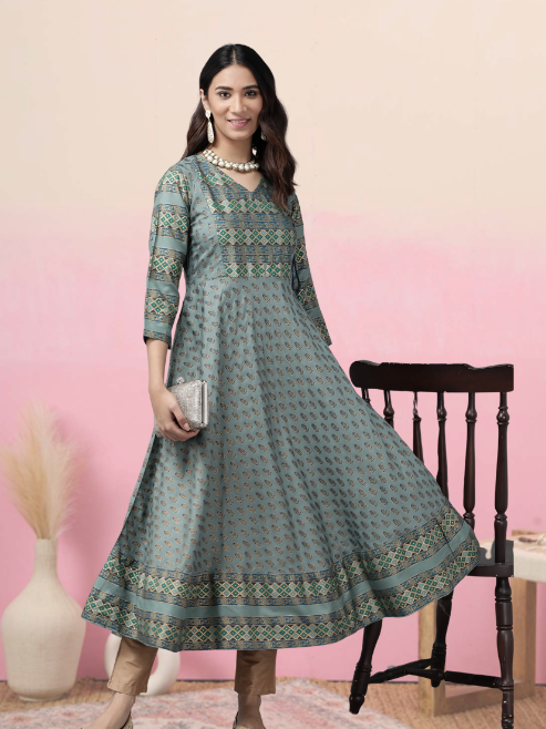 Rayon Floral Print Anarkali Kurta (Green)