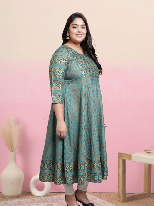 Rayon Floral Print Anarkali Kurta (Green)