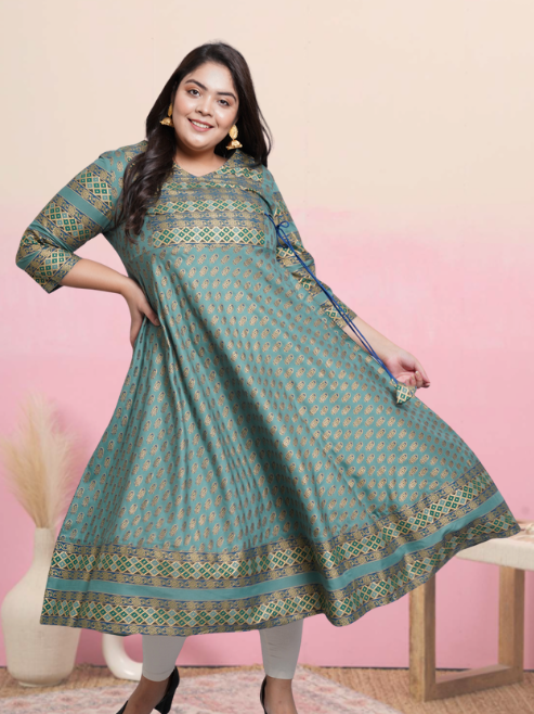 Rayon Floral Print Anarkali Kurta (Green)