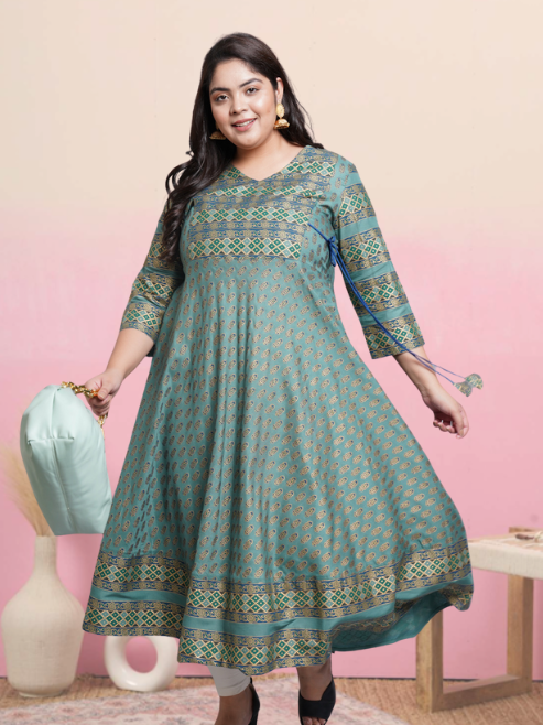 Rayon Floral Print Anarkali Kurta (Green)