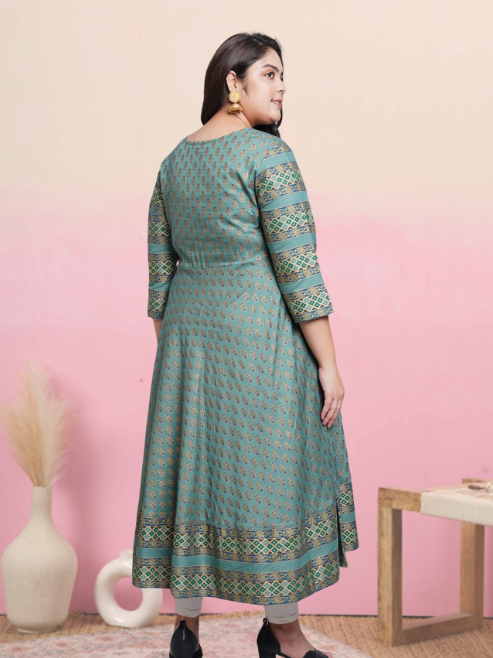 Rayon Floral Print Anarkali Kurta (Green)