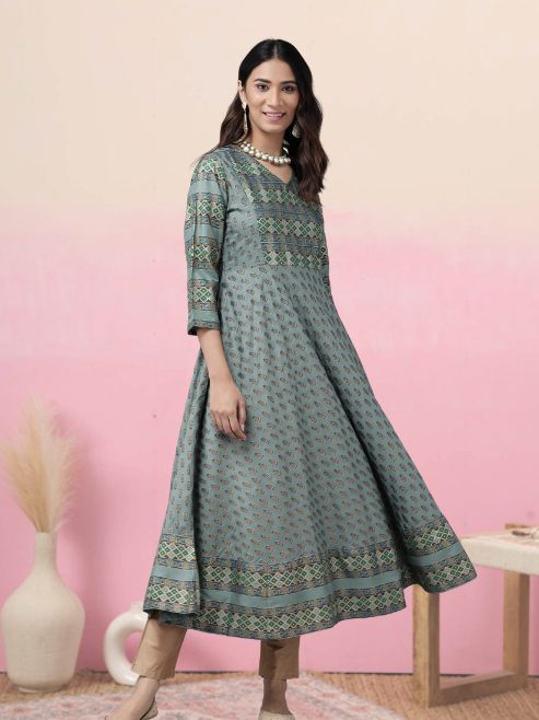 Rayon Floral Print Anarkali Kurta (Green)