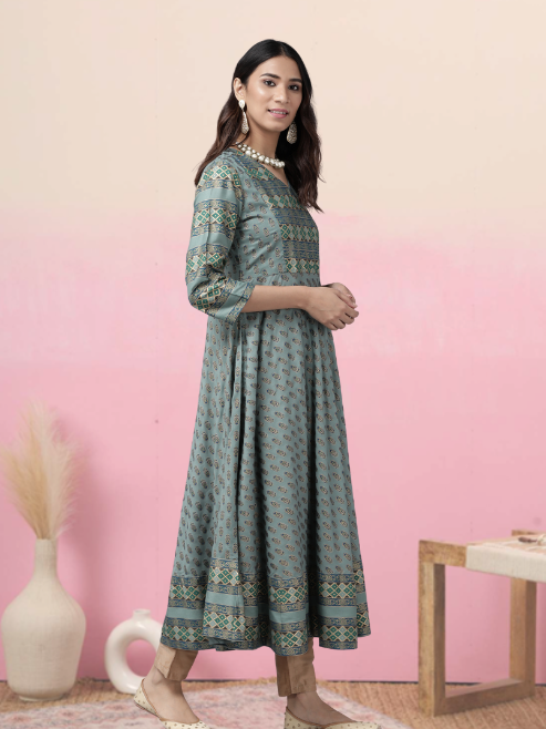 Rayon Floral Print Anarkali Kurta (Green)