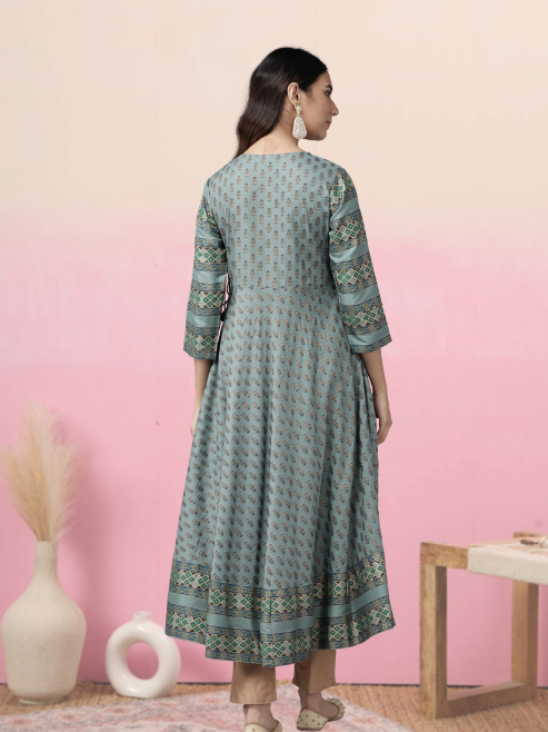 Rayon Floral Print Anarkali Kurta (Green)