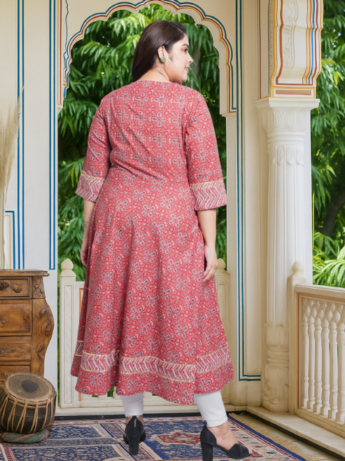 Cotton Round Neck Floral Printed Anarkali Kurta (Maroon)