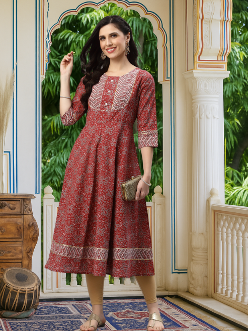 Cotton Round Neck Floral Printed Anarkali Kurta (Maroon)