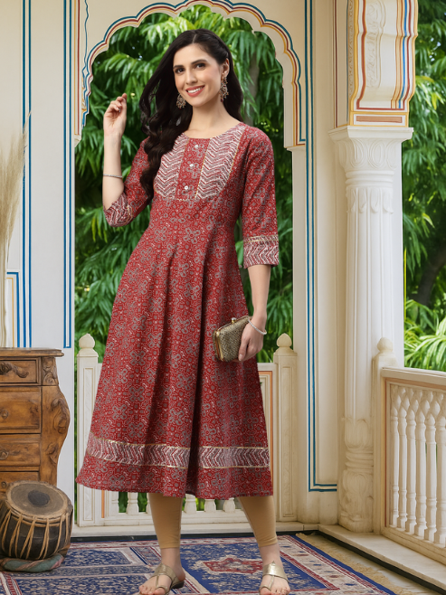 Cotton Round Neck Floral Printed Anarkali Kurta (Maroon)