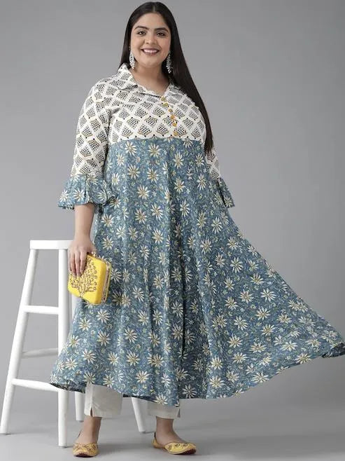 Viscose Rayon Floral Anarkali Kurta (Blue)