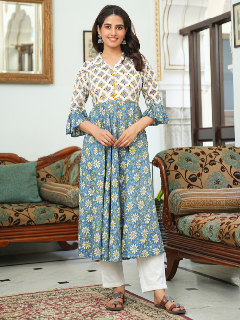 Viscose Rayon Floral Anarkali Kurta (Blue)