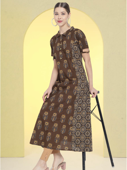 Cotton Floral Printed A-line Kurti (Brown)