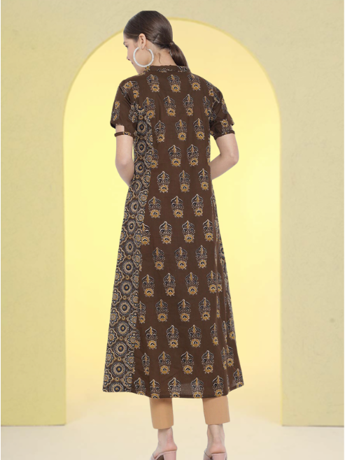 Cotton Floral Printed A-line Kurti (Brown)