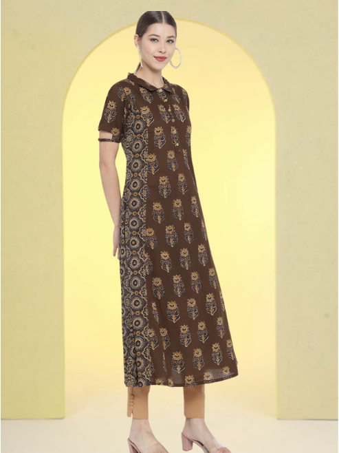Cotton Floral Printed A-line Kurti (Brown)