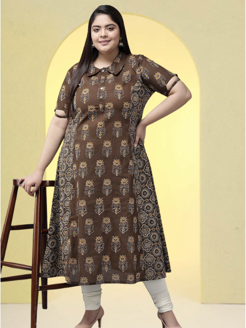 Cotton Floral Printed A-line Kurti (Brown)
