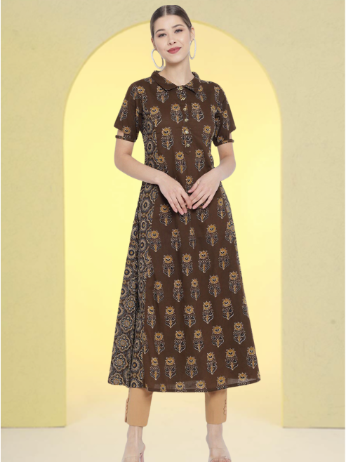 Cotton Floral Printed A-line Kurti (Brown)