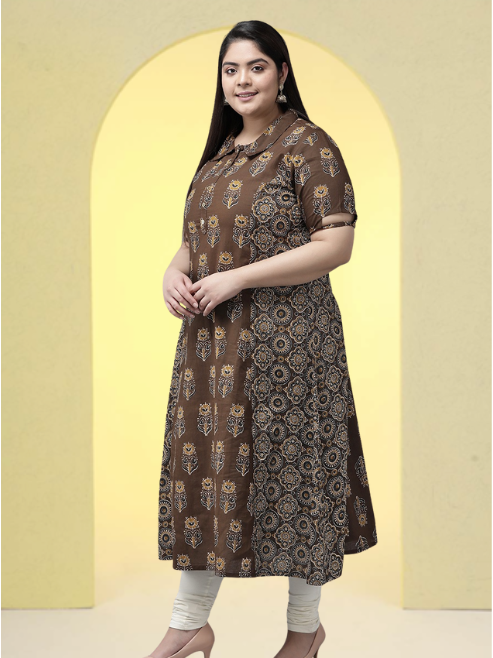 Cotton Floral Printed A-line Kurti (Brown)