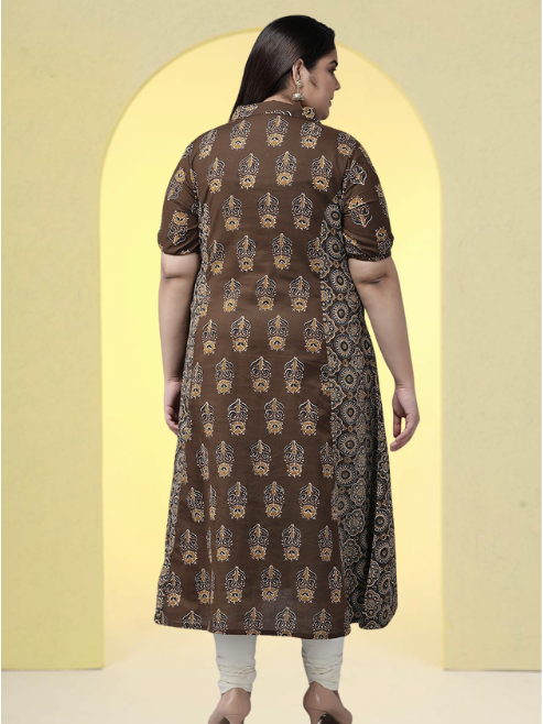 Cotton Floral Printed A-line Kurti (Brown)
