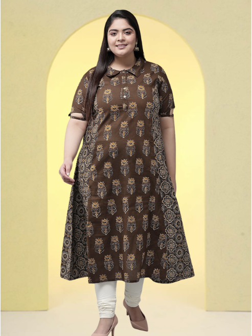 Cotton Floral Printed A-line Kurti (Brown)