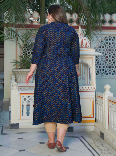 Fashion Plus Store Women`s Zig Zag Printed Anarkali Kurti (Blue)