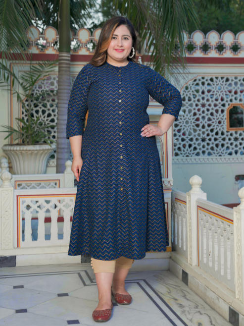 Fashion Plus Store Women`s Zig Zag Printed Anarkali Kurti (Blue)