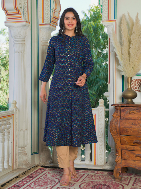 Fashion Plus Store Women`s Zig Zag Printed Anarkali Kurti (Blue)