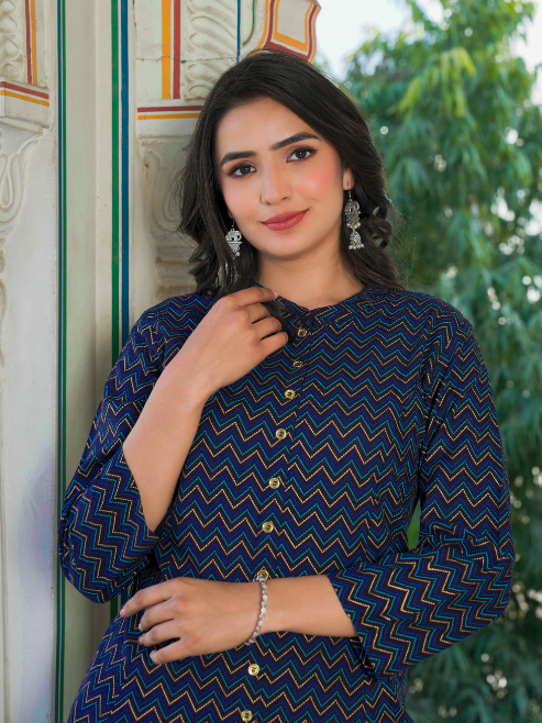 Fashion Plus Store Women`s Zig Zag Printed Anarkali Kurti (Blue)