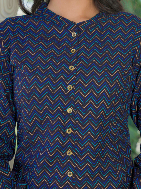 Fashion Plus Store Women`s Zig Zag Printed Anarkali Kurti (Blue)