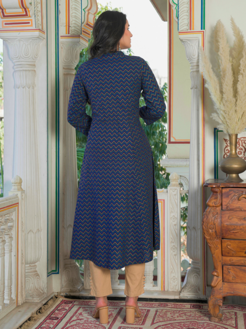 Fashion Plus Store Women`s Zig Zag Printed Anarkali Kurti (Blue)