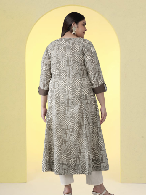 Fashion Plus Store Plus Size Cotton Geomatrical Printed Anarkali Kurti