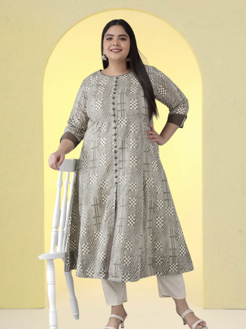 Fashion Plus Store Plus Size Cotton Geomatrical Printed Anarkali Kurti
