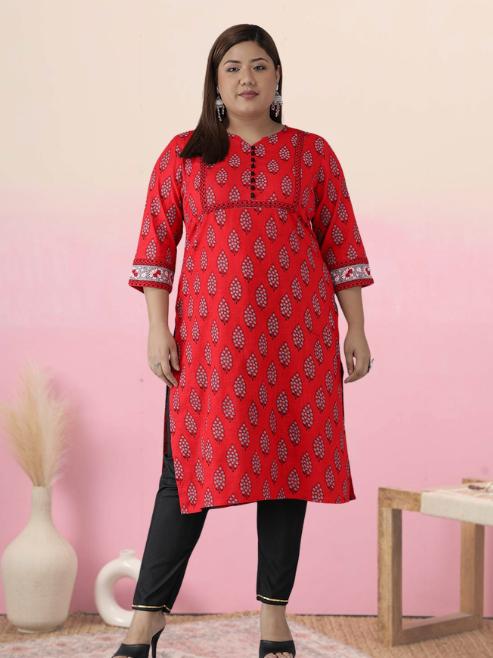 Fashion Plus Store Women's Plus Size Cotton Slub Floral printed Straight Kurti (Red)