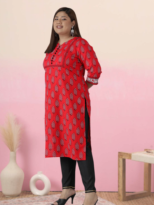 Fashion Plus Store Women's Plus Size Cotton Slub Floral printed Straight Kurti (Red)