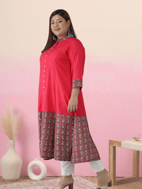 Plus Size Rayon Floral Border Printed Anarkali Kurti (Pink)