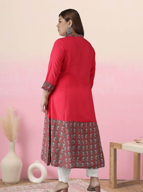 Plus Size Rayon Floral Border Printed Anarkali Kurti (Pink)