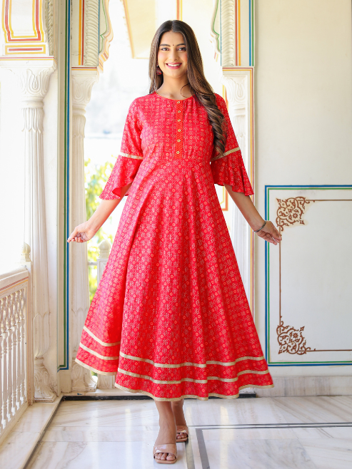 Fashion Plus Store Women's  Floral Printed Anarkali Kurti(Pink)