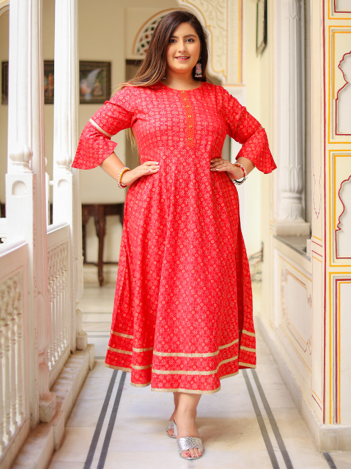 Fashion Plus Store Women's  Floral Printed Anarkali Kurti(Pink)