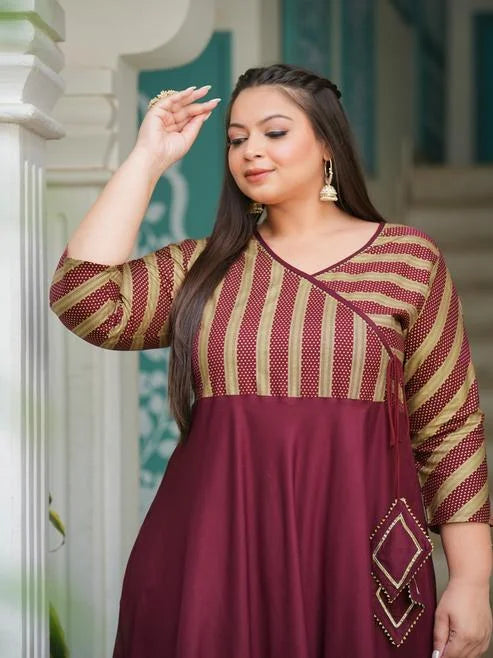 Rayon Stripe Printed Anarkali Kurti