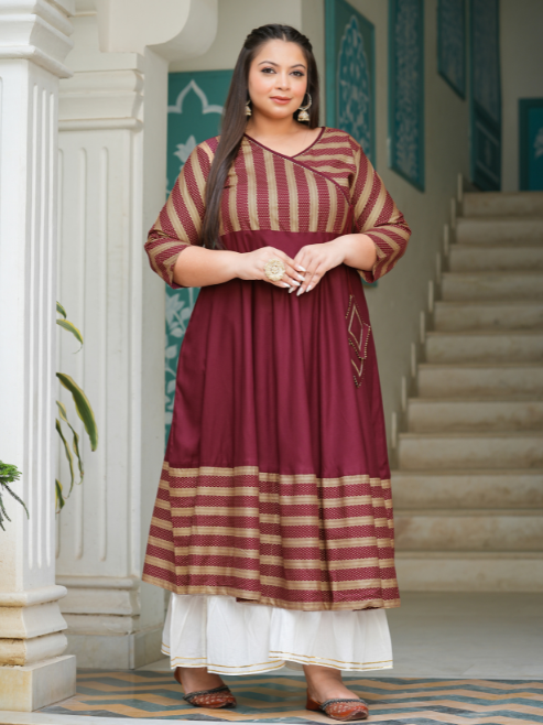 Rayon Stripe Printed Anarkali Kurti