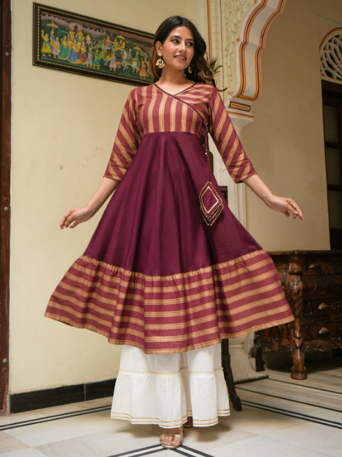 Rayon Stripe Printed Anarkali Kurti
