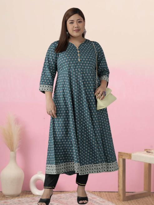 Fashion Plus Store Women's Plus Size Cotton Floral Printed Anarkali Kurti (Green)
