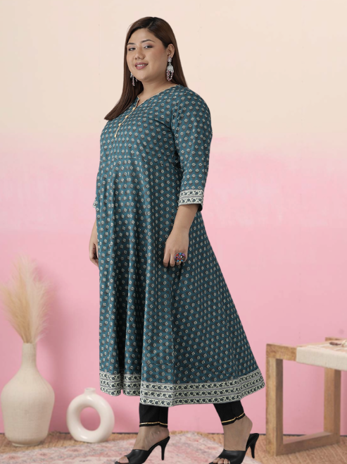Fashion Plus Store Women's Plus Size Cotton Floral Printed Anarkali Kurti (Green)