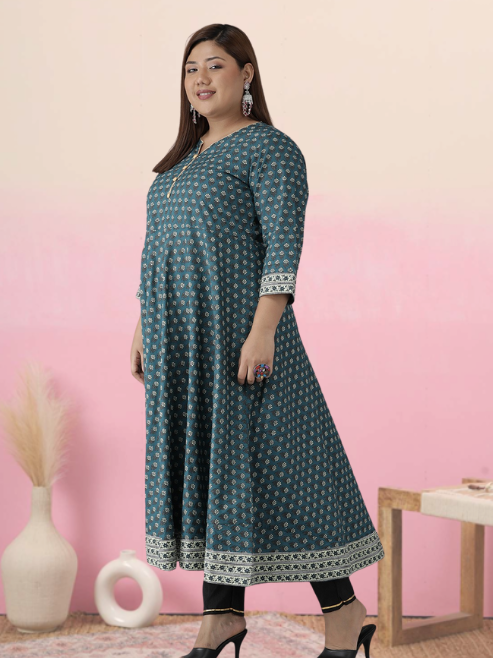 Fashion Plus Store Women's Plus Size Cotton Floral Printed Anarkali Kurti (Green)