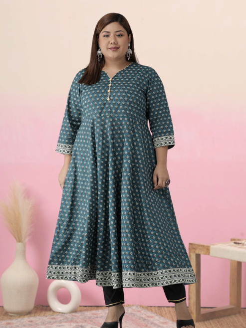 Fashion Plus Store Women's Plus Size Cotton Floral Printed Anarkali Kurti (Green)